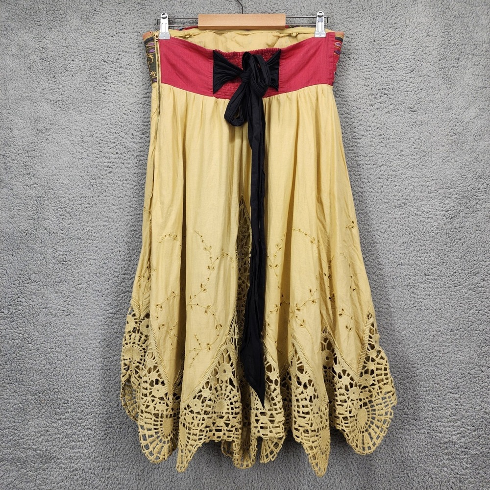 Anthropologie Mustard Yellow Boho Strapless Midi Dress Crochet Lace Eyelet Sz 8 - Picture 3 of 13